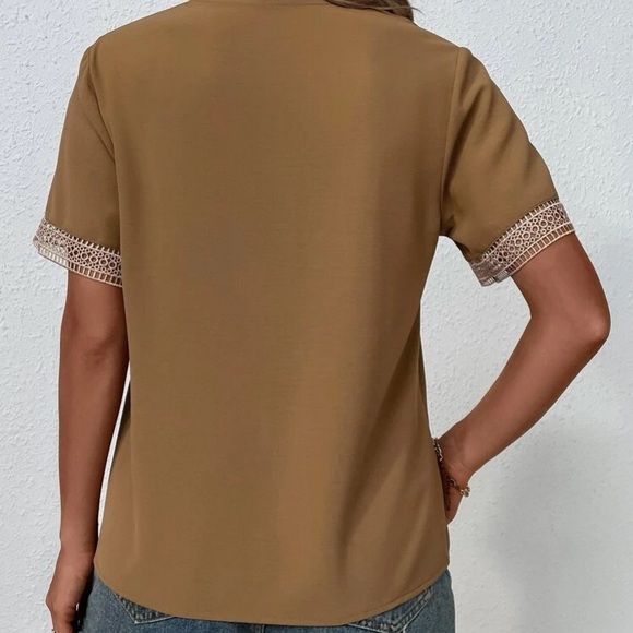 Boho Brown V Neck  Lace Solid Minimalist Blouse - Picture 3 of 15